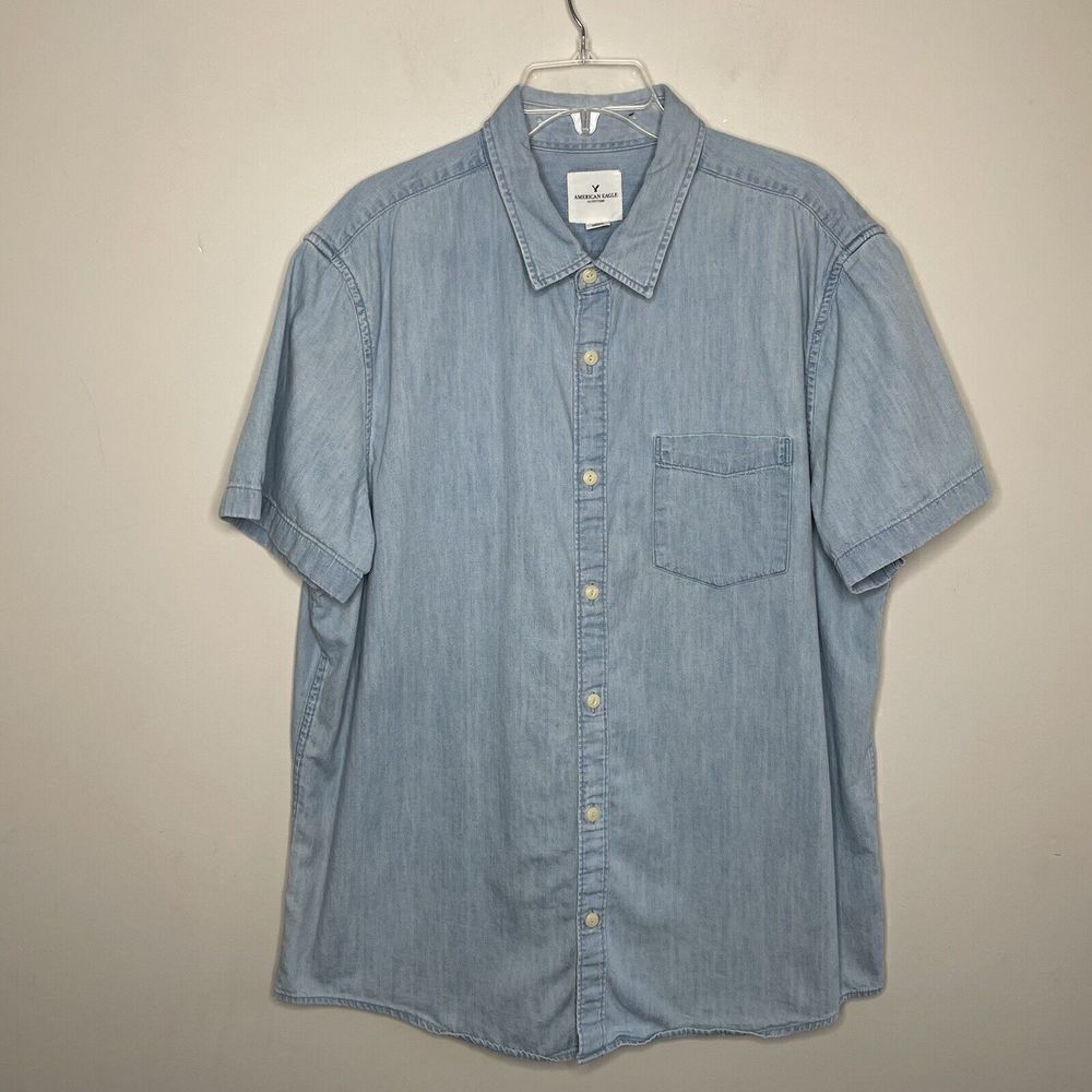 American Eagle Shirt Mens XXL 2XL Blue Denim Button-Up Cotton Short Sleeve AEO